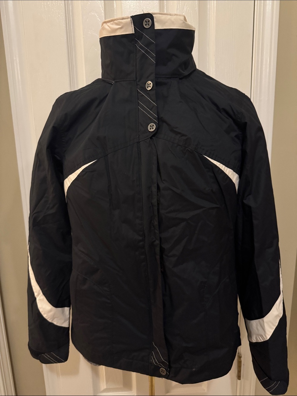 Women's Black Jacket with Cream Trim - Classic double layer Coat